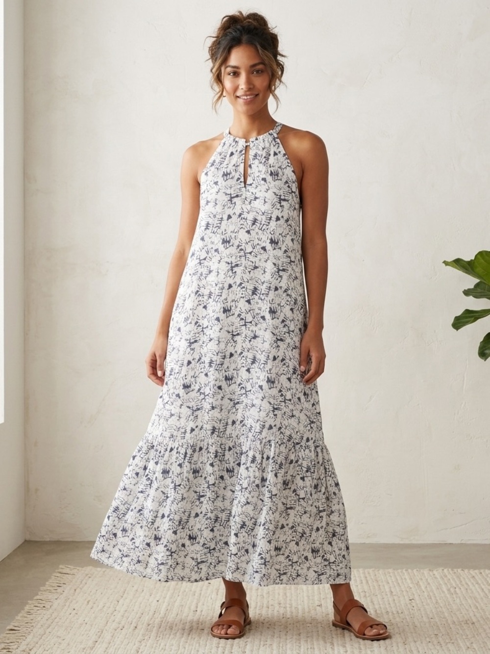 Nine West Women’s Halter Maxi Dress | Navy & White Abstract Print | Sz Small